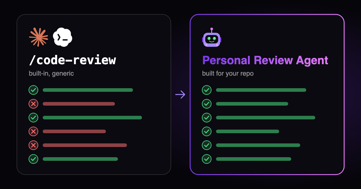 A built-in /code-review gets some checks right and some wrong; a personal review agent built for the repo gets them all right